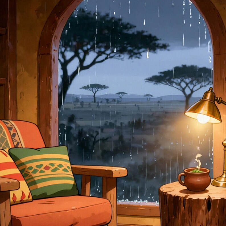 Cozy Library Savanna Rain Animated Backdrop for Twitch Streams · 4K + 1080p MP4 image 2