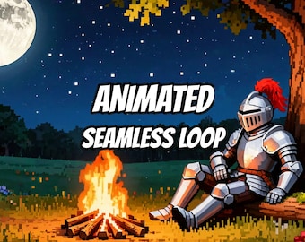 Fond animé pixel art de chevalier autour d'un feu de camp pour les streams Twitch · 1080p MP4