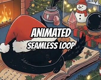Cozy Christmas Fireplace Cat Animated Background for Lofi Study · 1080p MP4