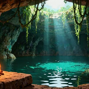 Piscina en una cueva iluminada por el sol con fondo animado de fogata para transmisiones de VTubers · MP4 1080p imagen 2