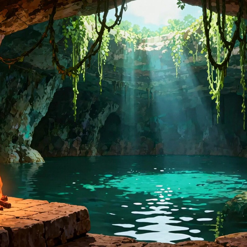 Piscina en una cueva iluminada por el sol con fondo animado de fogata para transmisiones de VTubers · MP4 1080p imagen 2