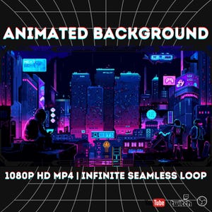 Può includere: Uno sfondo animato con una città futuristica in pixel art, nei toni del blu, viola e rosa. L'immagine include il testo "ANIMATED BACKGROUND" e "1080P HD MP4 | INFINITE SEAMLESS LOOP".
