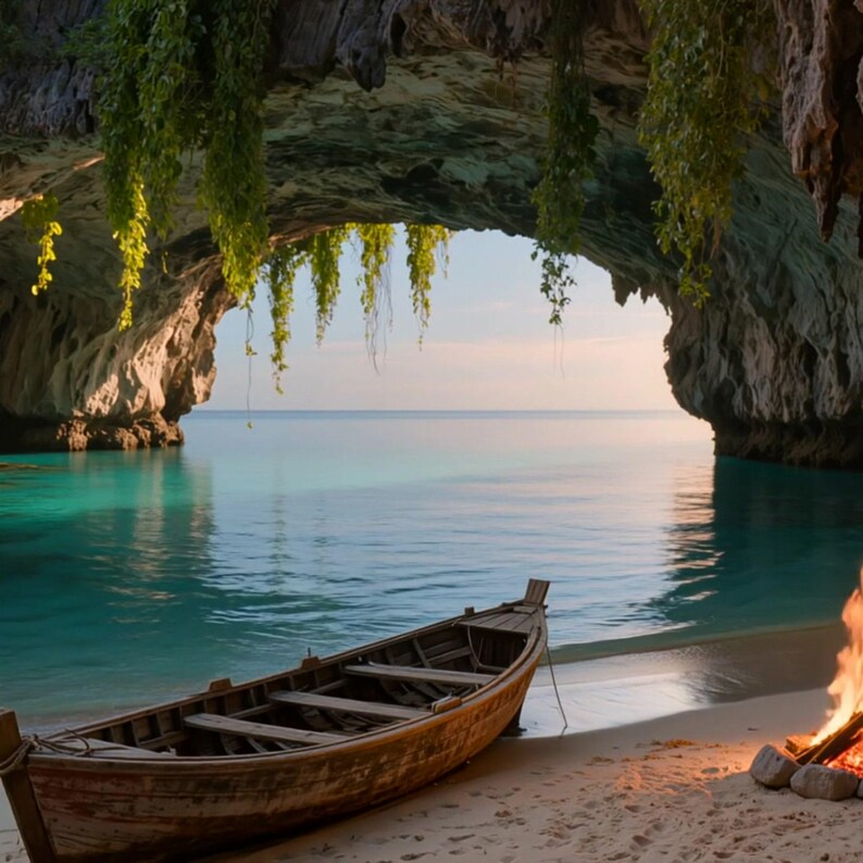 Fondo animado de fogata en una cueva tropical en la playa para fondo de pantalla ambiental · 1080p MP4 imagen 2