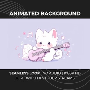 Puede incluir: Un fondo animado con un gato blanco tocando una guitarra rosa, rodeado de notas musicales y estrellas. El texto en la parte superior dice "ANIMATED BACKGROUND". El texto inferior dice "SEAMLESS LOOP | NO AUDIO | 1080P HD FOR TWITCH & VTUBER STREAMS".