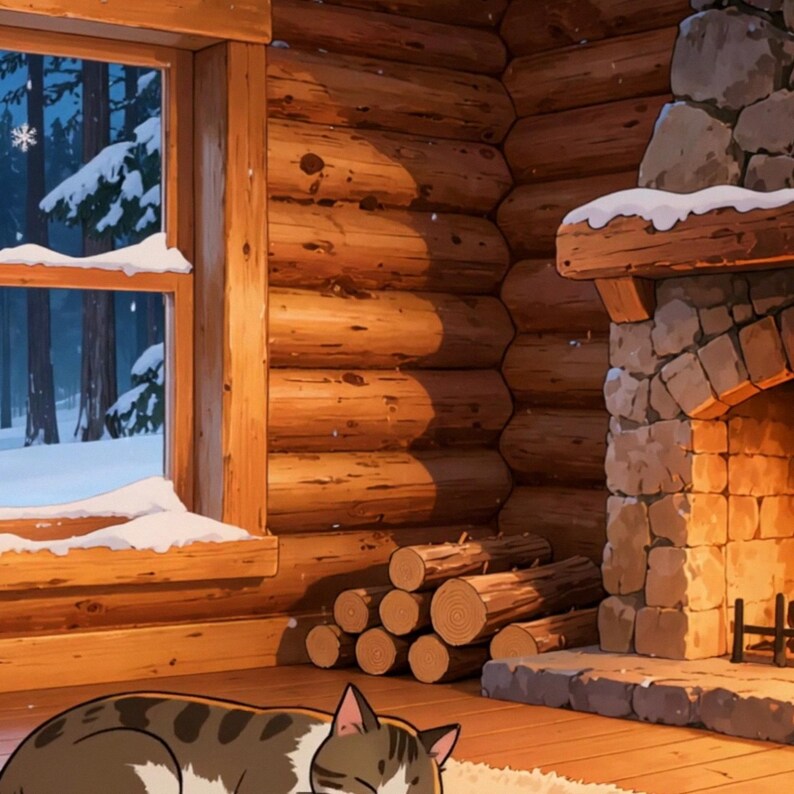 Cozy Cabin Fireplace Snowy Window Animated Backdrop for Work From Home · 4K + 1080p MP4 image 2