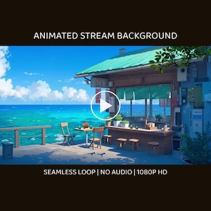 Könnte beinhalten: Ein animierter Stream-Hintergrund mit einem Café am Meer, einem türkisfarbenen Dach, einer Holztheke und Hockern mit Blick auf einen hellblauen Ozean unter klarem Himmel. Der Text lautet ANIMATED STREAM BACKGROUND, SEAMLESS LOOP | NO AUDIO | 1080P HD.