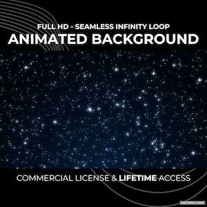 Op de afbeelding: Een donkerblauwe geanimeerde achtergrond met witte sterren. De tekst "FULL HD - SEAMLESS INFINITY LOOP ANIMATED BACKGROUND" staat bovenaan. De tekst "COMMERCIAL LICENSE & LIFETIME ACCESS" staat onderaan.