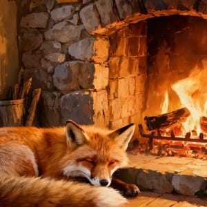 Sfondo animato con camino in una baita invernale con volpe addormentata per streaming · 4K + 1080p MP4 immagine 2