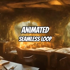 Può includere: Un'illustrazione digitale di uno studio rustico scarsamente illuminato con scrivanie in legno coperte di fogli e libri sparsi. Una grande finestra circolare luminosa illumina la stanza con una calda luce dorata. Testo ANIMATED SEAMLESS LOOP.