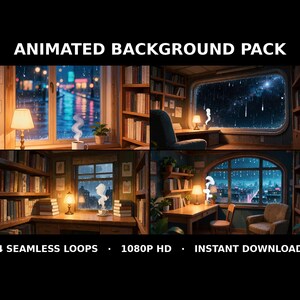 Puede incluir: Una colección digital titulada ANIMATED BACKGROUND PACK que presenta cuatro escenas distintas de interiores de bibliotecas y estudios lluviosos con lámparas cálidas, estanterías y tazas humeantes, en 1080p HD.