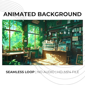アニメーション付きローファイカフェ動画背景：居心地の良い緑のコーヒーショップ（MP4デジタルダウンロード） 画像 1