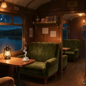 Accogliente vagone ferroviario vintage per un viaggio notturno, sfondo animato per streaming su Twitch · 1080p MP4 immagine 2