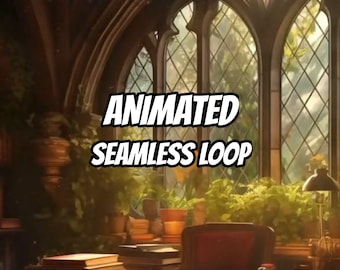 May include: A desk with stacks of books and a lamp in front of a large arched window with leaded glass panes. The text "ANIMATED SEAMLESS LOOP" is centered in the foreground. Lush green plants are visible on the windowsill and desk surface.