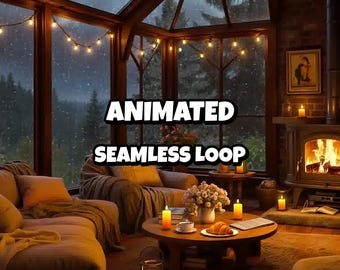 Cozy Winter Sunroom Fireplace Snow Animated Background for Lofi Videos · 1080p MP4