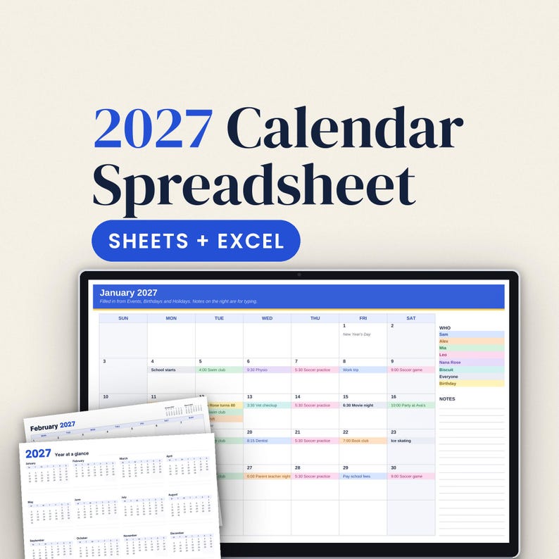 2027 Family Calendar Spreadsheet