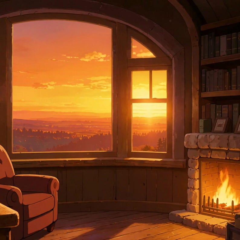 Cozy Sunset Library Fireplace Animated Background for TV Screensaver · 1080p MP4 image 2