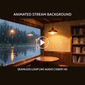 Puede incluir: Un fondo de transmisión animado con una ventana lluviosa, una farola, una lámpara colgante cálida sobre una mesa de madera y una estantería llena de libros. El texto dice ANIMATED STREAM BACKGROUND, SEAMLESS LOOP, NO AUDIO, 1080P HD.