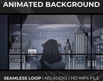 Pixel Art Anime Girl Rainy Cityscape Animated Background (MP4 Digital Download)