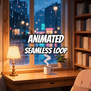 Fondo animado de estudio nocturno en la ciudad lluviosa para videos Lofi · 1080p MP4 imagen 1