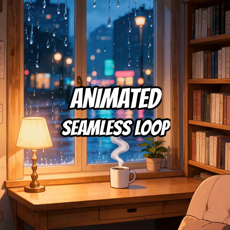 Fondo animado de estudio nocturno en la ciudad lluviosa para videos Lofi · 1080p MP4 imagen 1