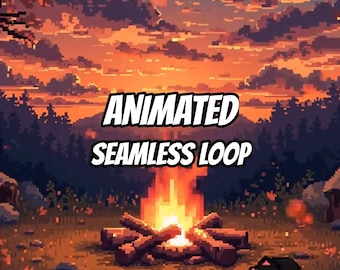 Fond animé pixel art coucher de soleil sur feu de camp pour VTubers · 1080p MP4