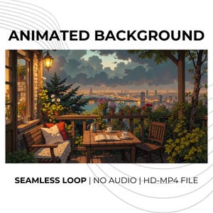 May include: An animated background image depicting a balcony overlooking a city at dusk. The scene includes a wooden table with coffee cups and a book, a bench with pillows, and greenery. Text reads: ANIMATED BACKGROUND, SEAMLESS LOOP | NO AUDIO | HD-MP4 FILE.