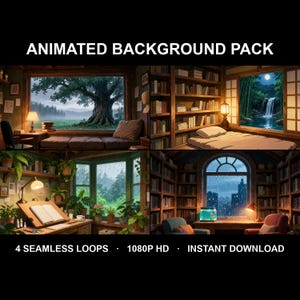 Può includere: Pacchetto di sfondi animati con quattro scene distinte: vista di un grande albero, una biblioteca con cascata, una scrivania piena di piante e una vista su una città piovosa, tutto in 1080p HD con loop continui e download istantaneo.