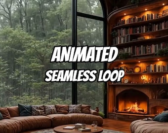 Misty Forest Library Fireplace Animated Background for Lofi Videos · 1080p MP4
