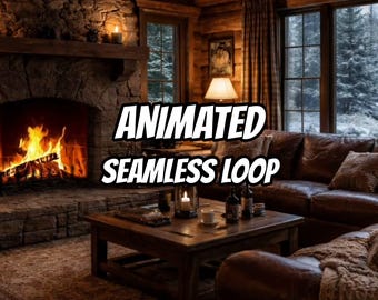 May include: A cozy living room scene featuring a stone fireplace with a burning fire, a dark brown leather sofa, and a wooden coffee table. The text ANIMATED SEAMLESS LOOP is overlaid in the center. Large windows reveal a snowy forest landscape.