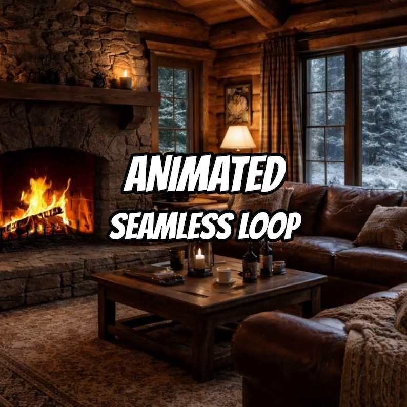 Gemütlicher Kamin in einer Winterhütte – animierter Hintergrund für stimmungsvolle Hintergrundbilder · 1080p MP4 Bild 1