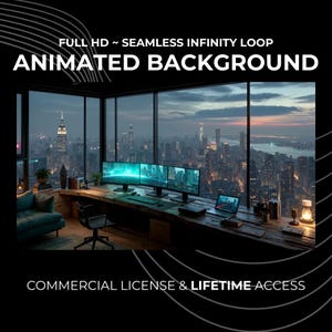 Peut inclure: Une image d'un espace de travail avec une vue panoramique sur une ligne d'horizon urbaine. Le bureau comprend trois écrans d'ordinateur, un ordinateur portable et diverses fournitures de bureau. Le texte sur l'image indique : "FULL HD ~ SEAMLESS INFINITY LOOP ANIMATED BACKGROUND".