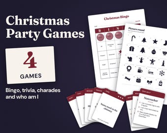 Christmas Party Games Bundle, 4 Printable Games, Bingo, Trivia, Charades, Who Am I, Host Kit, Family and Office Party, A4 US Letter PDF