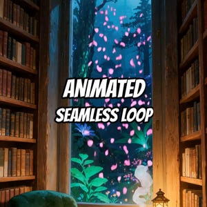 Può includere: Un interno di biblioteca con scaffali in legno che fiancheggiano una grande finestra affacciata su una foresta buia con petali rosa luminosi che cadono. Il testo ANIMATED SEAMLESS LOOP è centrato. Una piccola lanterna è in primo piano.