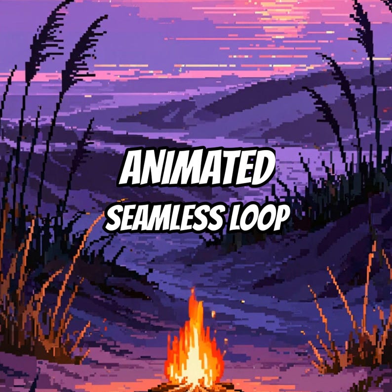 Pixel Art Beach Campfire Sunset Animated Background for Streaming · 1080p MP4 image 1