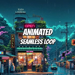 May include: A multi-storey building with a tea and coffee shop on the ground floor, featuring a neon OPEN sign, green awnings, and text reading ANIMATED SEAMLESS LOOP. The street scene includes utility poles, lush greenery, and a car at night.