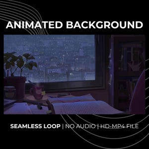 Seamless Looping Animated LoFi Rainy City Background | Cozy Anime Study Room Window View Virtual Stream MP4