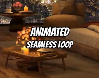 May include: An animated seamless loop video featuring a bedroom interior with a wooden tray on a bed holding a lit candle and flowers, a side table with a cup and candle, and a view of the Eiffel Tower at night through a large window.