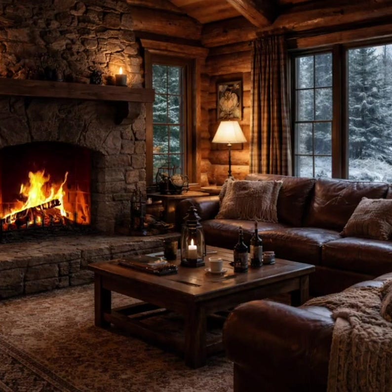 Gemütlicher Kamin in einer Winterhütte – animierter Hintergrund für stimmungsvolle Hintergrundbilder · 1080p MP4 Bild 2