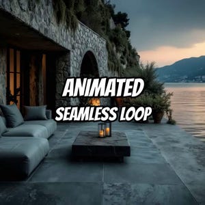 May include: A stone patio overlooking a lake at dusk features a gray sofa with cushions, a low square stone table with two lit lanterns, and the text ANIMATED SEAMLESS LOOP centered in the foreground against a backdrop of mountains and sky.