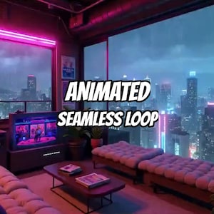 Può includere: Una stanza con vista su una città piovosa di notte, con un televisore che mostra grafiche colorate, un tavolino da caffè con libri e sedute trapuntate. Il testo ANIMATED SEAMLESS LOOP è sovrapposto al centro dell'immagine.