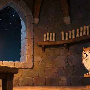 Fondo de pantalla animado "Estudio de búho encantado bajo la noche estrellada" para transmisiones de Twitch · MP4 1080p imagen 2