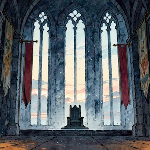Salle du trône gothique avec fenêtres au coucher du soleil : fond animé pour VTubers · 1080p MP4 image 2