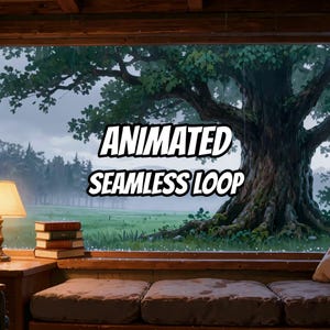 May include: A digital illustration of a rainy landscape viewed through a window, featuring a large tree, a green field, and a forest. A stack of four books and a lamp sit on a wooden ledge. The text ANIMATED SEAMLESS LOOP is centred in the image.