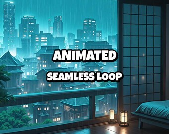 Animerad bakgrund med regnig japansk stadsutsikt över sovrummet för Lo-fi-streams · 1080p MP4