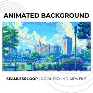 Op de afbeelding: Geanimeerde achtergrondafbeelding van een stadspark met gebouwen, bomen en een blauwe lucht. De tekst "ANIMATED BACKGROUND" staat bovenaan en "SEAMLESS LOOP | NO AUDIO | HD-MP4 FILE" onderaan.