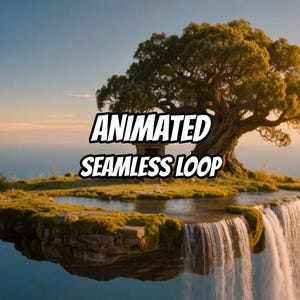 Fond animé de coucher de soleil avec temple flottant, cascade et temple, idéal pour les streams VTuber (1080p MP4) image 1