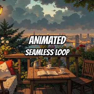 Puede incluir: Una mesa de madera en un balcón con un libro abierto, dos tazas de té blancas y una tetera de plata. El texto "ANIMATED SEAMLESS LOOP" está centrado sobre una vista del horizonte de la ciudad al atardecer con nubes oscuras, árboles y una lámpara.