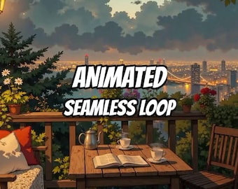 Gemütlicher Balkon mit nächtlichem Stadtpanorama – animierter Hintergrund für Gaming-Streams · 1080p MP4