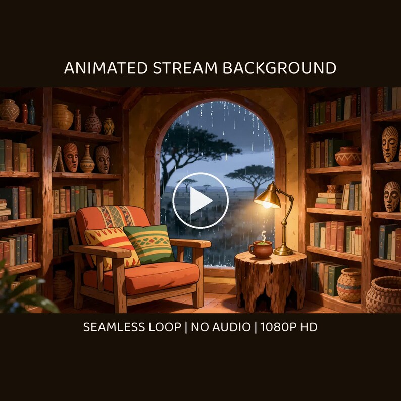 Cozy Library Savanna Rain Animated Backdrop for Twitch Streams · 4K + 1080p MP4 image 1