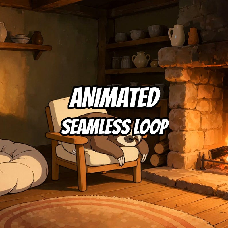 Cozy Fireplace Sloth Cabin Animated Background for Vtuber · 1080p MP4 image 1